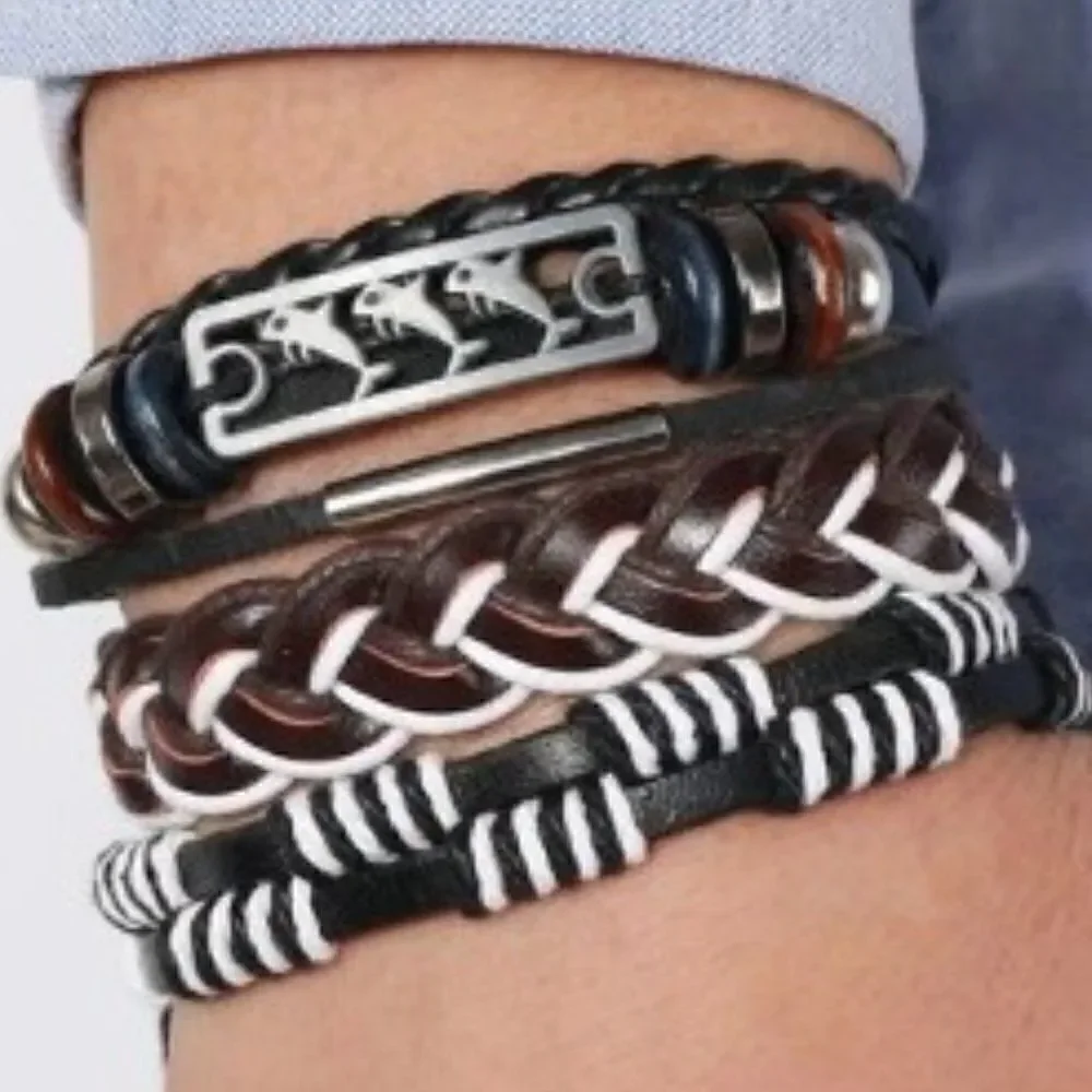 BLACK LEATHER DOLPHIN BRAIDED BRACELET SET